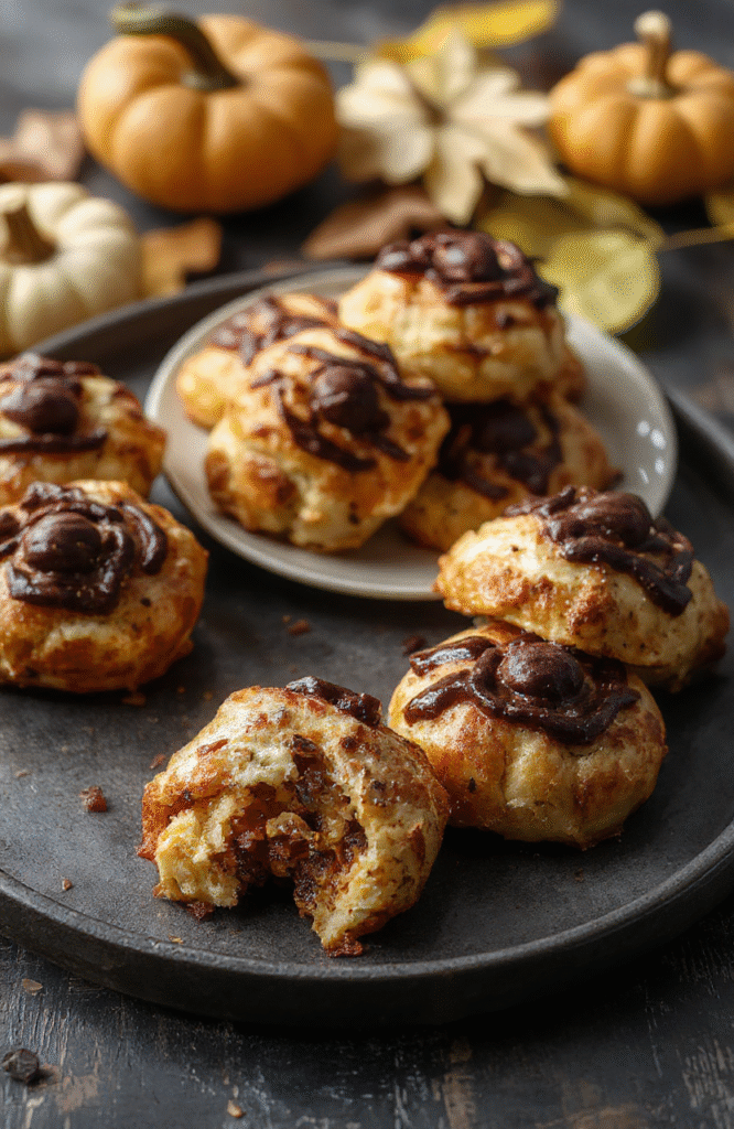 A spooky spider-shaped bread roll with a dark crust, arranged on a rustic wooden platter. The spider's body is topped with olive eyes, and its legs are made from twisted bread dough. The background features a dark velvet cloth and scattered autumn leaves, creating a creepy Halloween vibe with warm lighting emphasizing the textures.