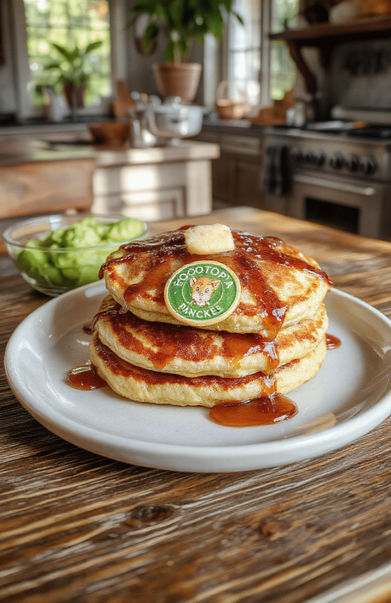 Colorful Zootopia ZPD badge pancakes arranged on a white plate, topped with syrup and fresh berries. The pancakes are crafted with vibrant colors and detailed badge shapes, with a playful and cartoonish style. The background features a casual breakfast table scene with a cabin-style wooden surface and a hint of greenery, emphasizing a cheerful and kid-friendly atmosphere.