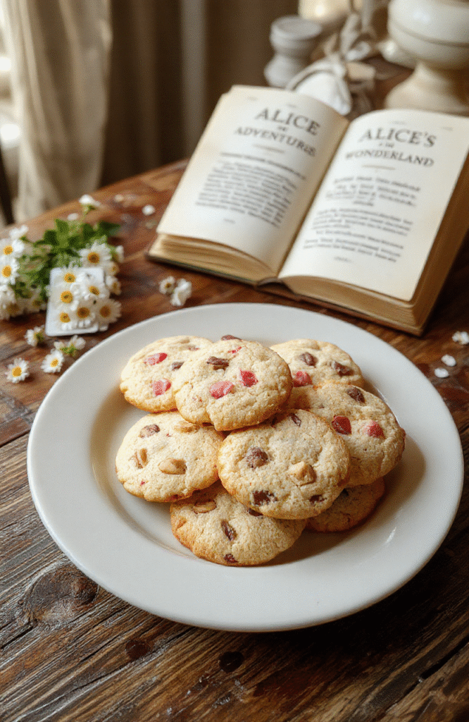 Assorted pastel-hued sugar cookies shaped like keys, bottles labeled 'DRINK ME,' and small cakes with edible gold dust, arranged on a rustic wooden board with tea cups, a playing card, and scattered flower petals in whimsical Alice in Wonderland theme