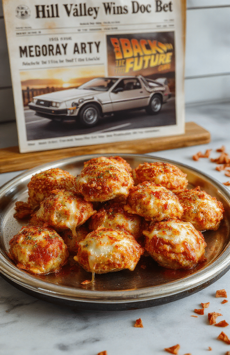 Golden-brown, bite-sized pizza bites on a stainless steel tray, each with melted mozzarella, red pepper flakes, and a glossy tomato sauce drizzle, steam gently rising, placed on a rustic wooden board beside a vintage 1980s Brownie camera and a retro flux capacitor model, soft daylight casting warm highlights, shallow depth of field blur background.