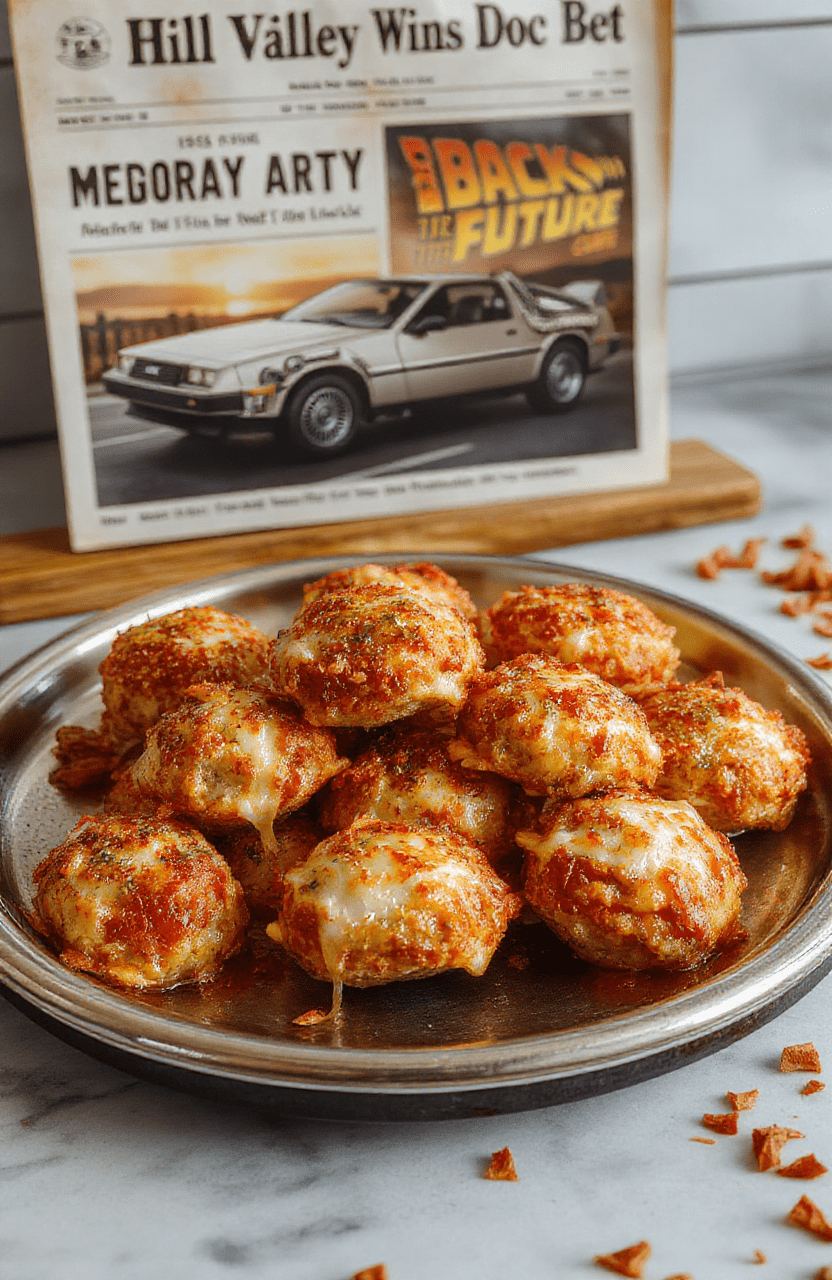 Golden-brown, bite-sized pizza bites on a stainless steel tray, each with melted mozzarella, red pepper flakes, and a glossy tomato sauce drizzle, steam gently rising, placed on a rustic wooden board beside a vintage 1980s Brownie camera and a retro flux capacitor model, soft daylight casting warm highlights, shallow depth of field blur background.