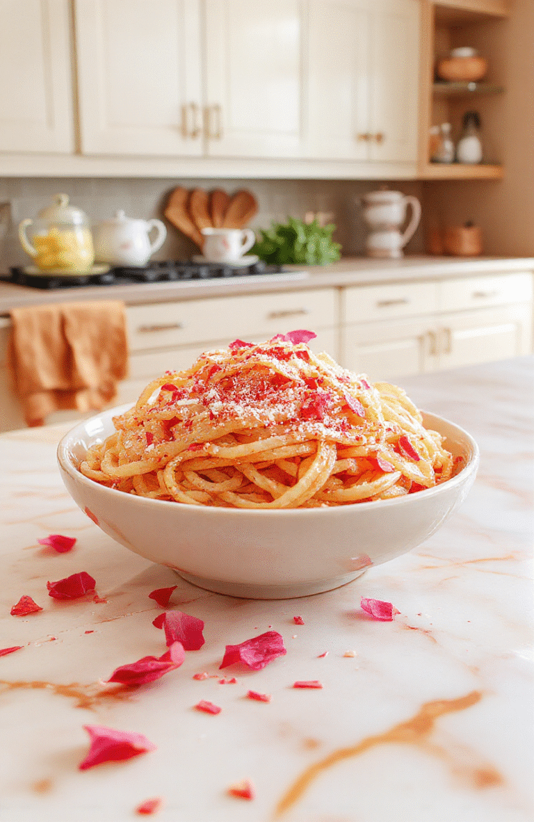 A vibrant bowl of pink pasta with creamy sauce, pink food-colored fusilli, edible glitter, pink peas, and pink shrimp, garnished with fresh basil and rose petals, served on a white ceramic plate against a soft pink velvet backdrop with subtle glitter accents.