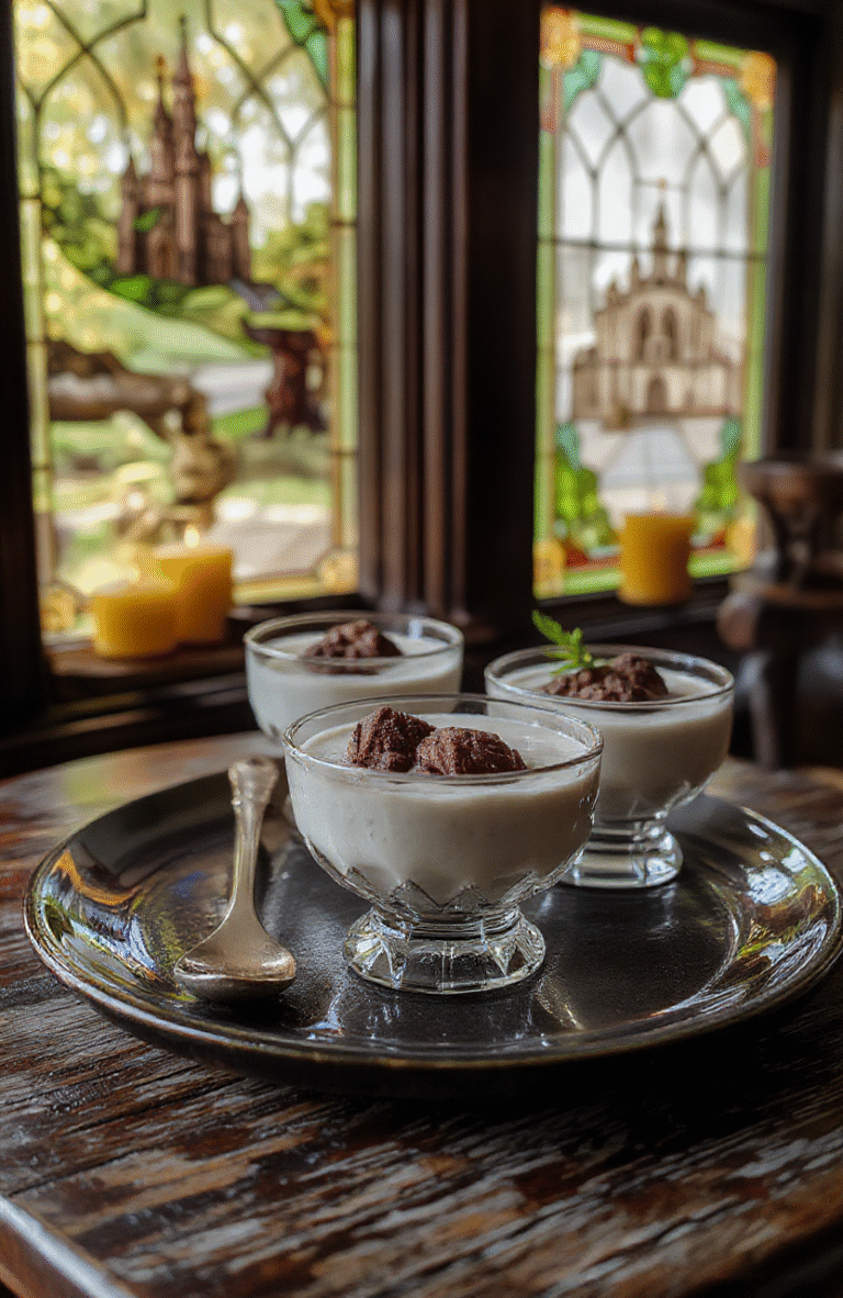 Elegant grey mousse served in a delicate glass dessert bowl with soft swirls, dusted with cocoa powder and garnished with fresh raspberries and mint leaves against a rustic wooden table with subtle golden candlelight glow.