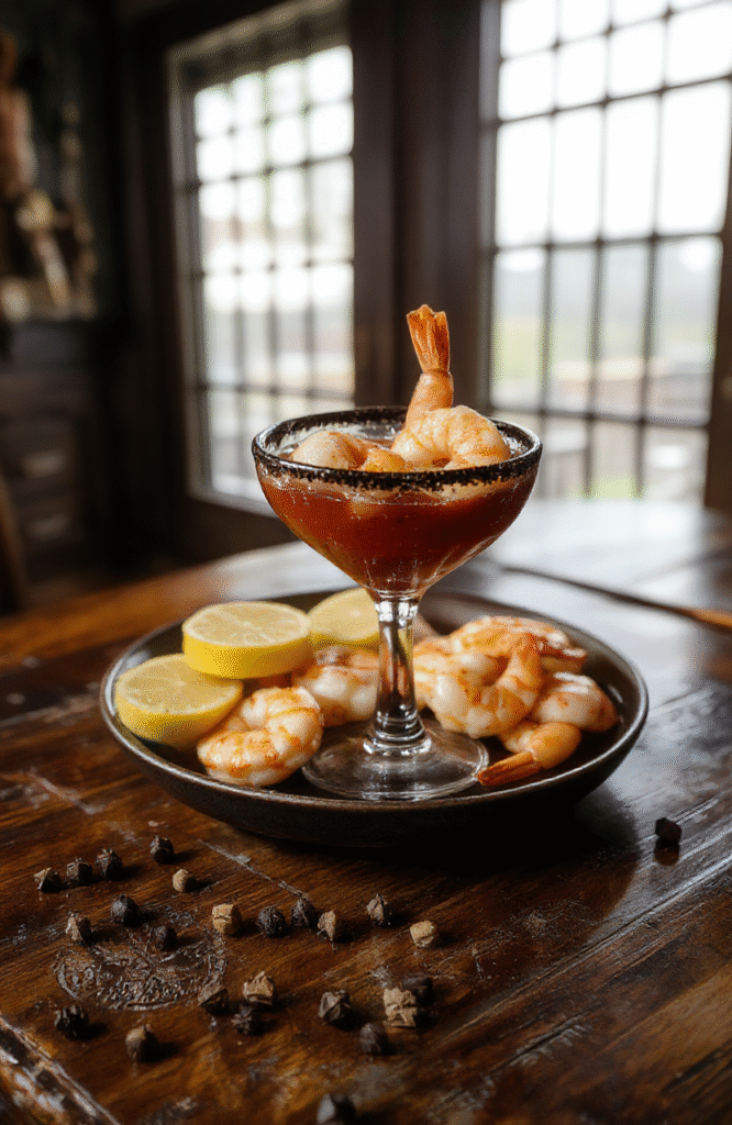 A vibrant, chilling shrimp cocktail served in a sleek black-rimmed glass goblet, with plump pink shrimp stacked upright and glistening, topped with chunky lobster tail, fresh lemon wedges, and a pool of bright crimson cocktail sauce speckled with black pepper. The glass sits on a vintage-style wooden cutting board with subtle gothic engraving, soft ambient lighting casting gentle shadows, evoking the eerie elegance of the Afterlife setting.
