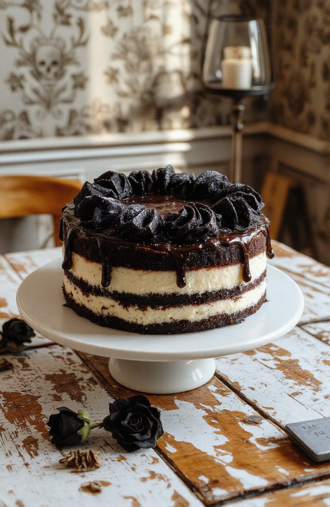 A striking black-and-white striped cake on a rustic wooden board, with dramatic chocolate and vanilla swirls, dusted with edible gold shimmer, surrounded by ghost-shaped marshmallows and black licorice bats against a dimly lit backdrop with subtle gothic decor elements.