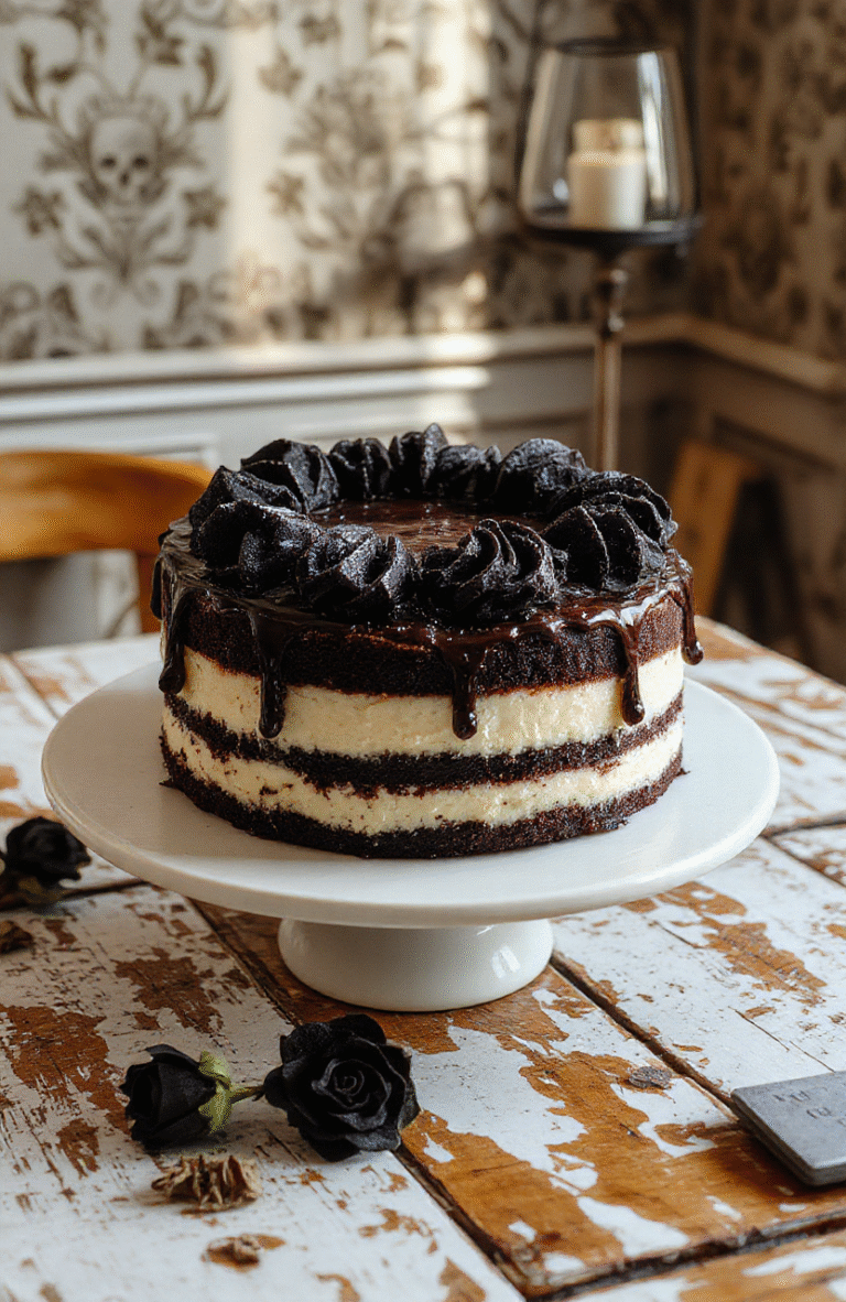 A striking black-and-white striped cake on a rustic wooden board, with dramatic chocolate and vanilla swirls, dusted with edible gold shimmer, surrounded by ghost-shaped marshmallows and black licorice bats against a dimly lit backdrop with subtle gothic decor elements.