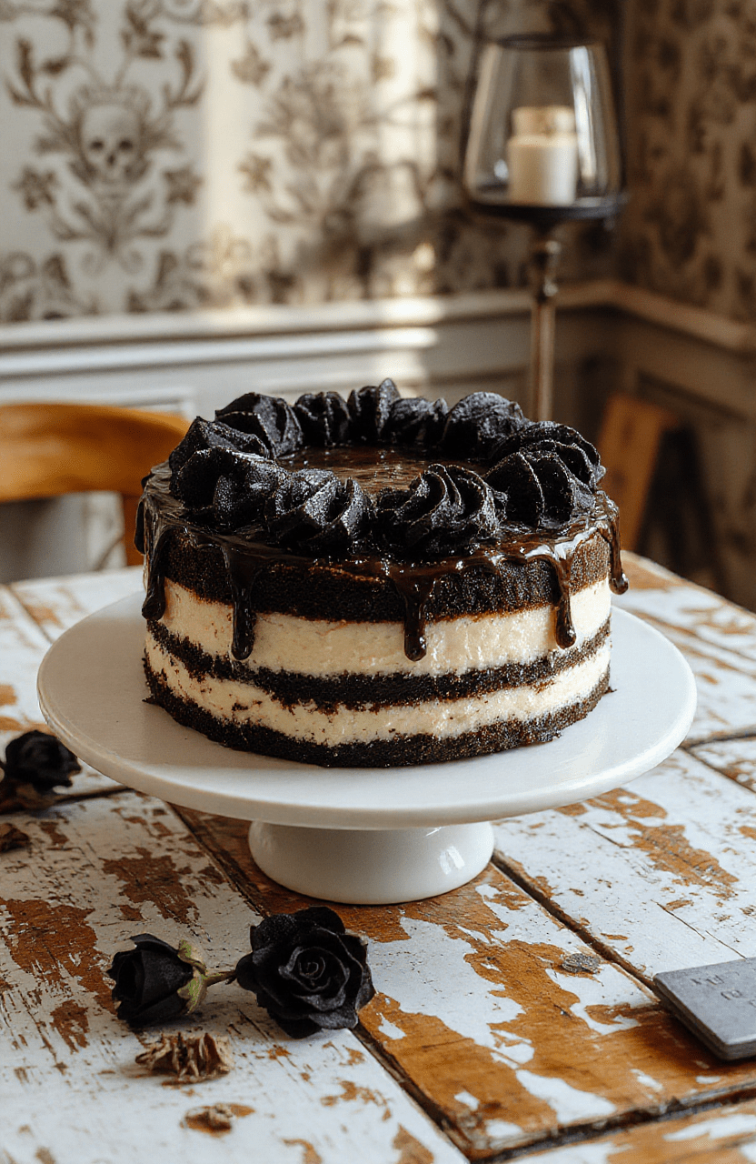 A striking black-and-white striped cake on a rustic wooden board, with dramatic chocolate and vanilla swirls, dusted with edible gold shimmer, surrounded by ghost-shaped marshmallows and black licorice bats against a dimly lit backdrop with subtle gothic decor elements.