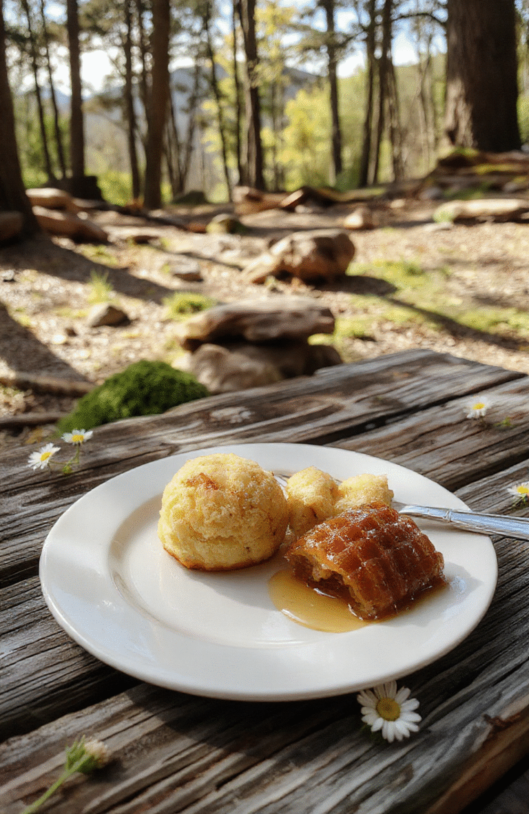 Golden-brown honey cakes with a glossy honey glaze sits on a rustic wooden chopping board, dusted with powdered sugar and surrounded by fresh wildflowers and clumps of honeycomb, in soft natural daylight with shallow depth of field.
