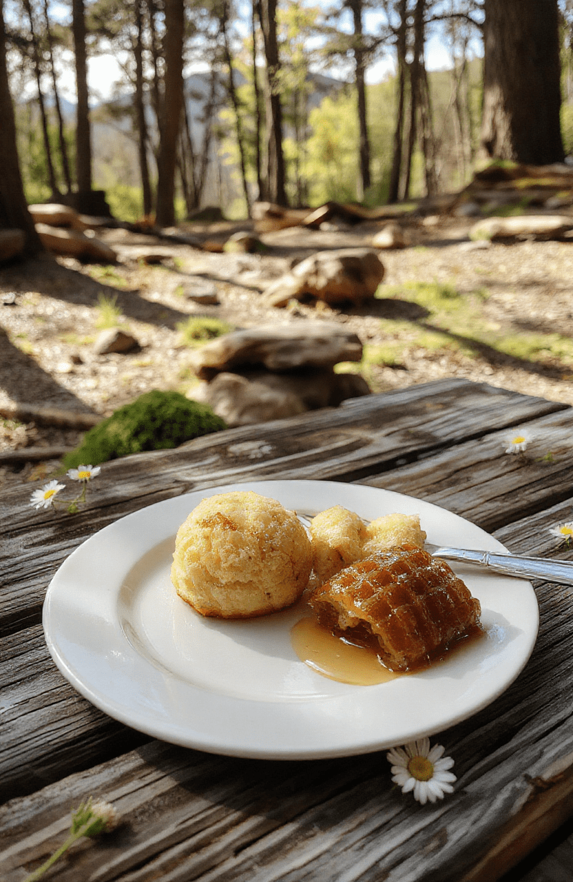 Golden-brown honey cakes with a glossy honey glaze sits on a rustic wooden chopping board, dusted with powdered sugar and surrounded by fresh wildflowers and clumps of honeycomb, in soft natural daylight with shallow depth of field.
