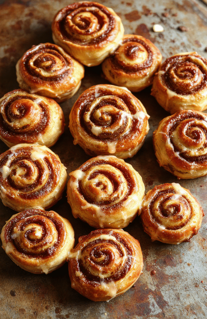 Golden-brown cinnamon rolls with gooey caramelized sugar swirls, warm buttery texture, dusted with powdered sugar, resting on a rustic wood cutting board beside a small brass coffee tin labeled 'Saul's Best Buns', natural morning light, shallow depth of field, soft shadows.