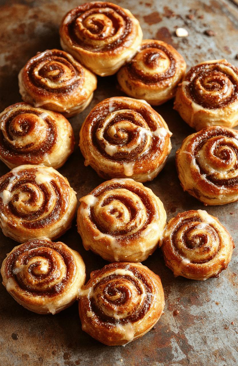 Golden-brown cinnamon rolls with gooey caramelized sugar swirls, warm buttery texture, dusted with powdered sugar, resting on a rustic wood cutting board beside a small brass coffee tin labeled 'Saul's Best Buns', natural morning light, shallow depth of field, soft shadows.