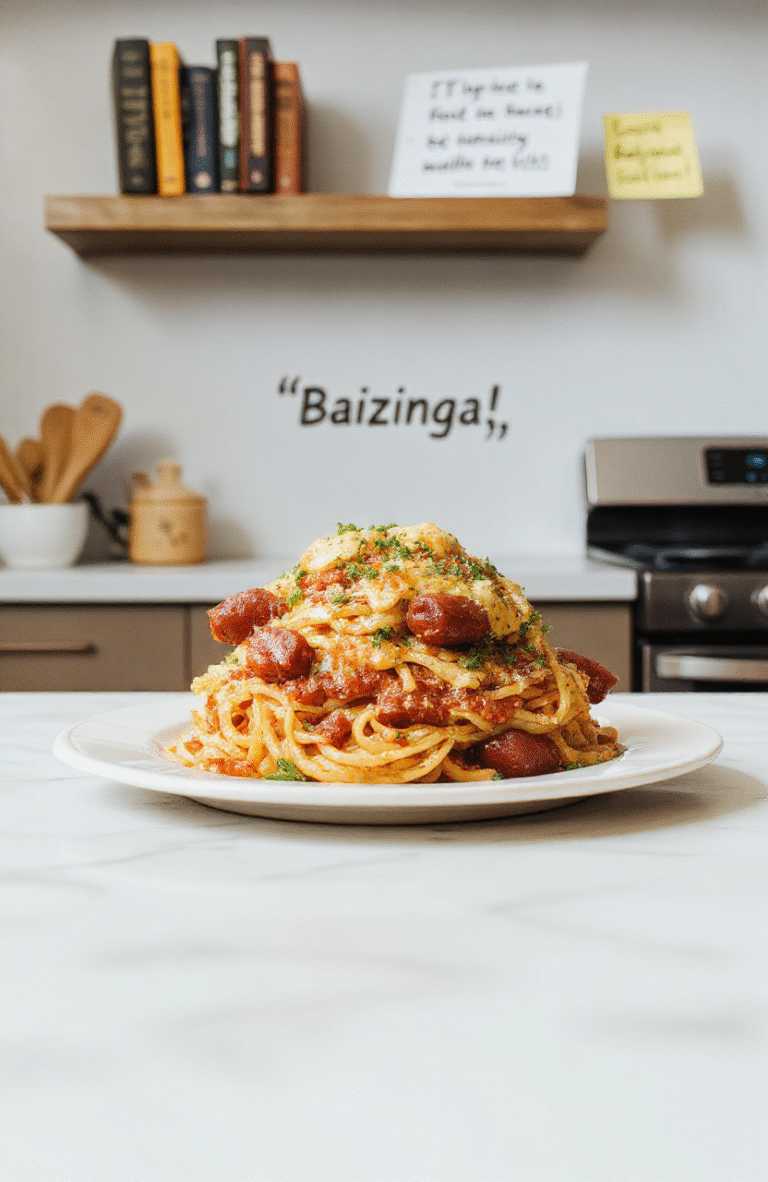 A plate of classic spaghetti with ketchup-draped hot dogs arranged in a precise, geometric pattern, served in a clean white ceramic bowl with a side of garlic bread, styled in clean, minimalist aesthetic with subtle science-themed props like a tiny model atom and periodic table napkin holder.