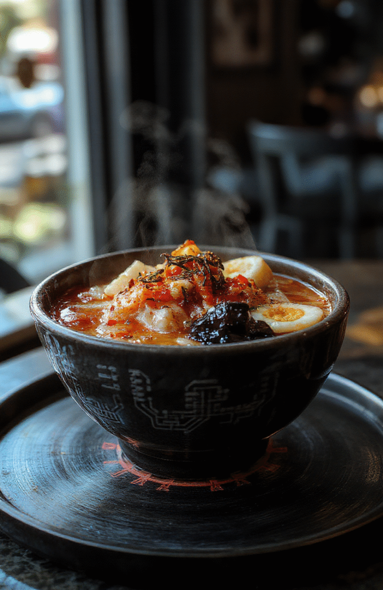 A steaming bowl of vibrant red miso ramen with glossy black noodles, topped with charRED corn-fed chicken chashu, a half-moon of spicy fermented egg yolk, crisp lotus root chips, microgreens, and a drizzle of chili oil, set against a dark metallic surface with subtle neon-blue circuit-board etching reflecting faintly in the broth.