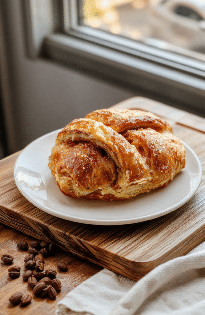A rustic wooden board holding a golden-brown, flaky butter croissant sliced open to reveal airy layers, a polished chrome coffee pot with steaming dark espresso, a small ceramic bowl of butter, and a vintage-style Tiffany & Co. blue box beside it. Soft natural light, shallow depth of field, shallow focus on texture of croissant flakes and condensation on the coffee pot.
