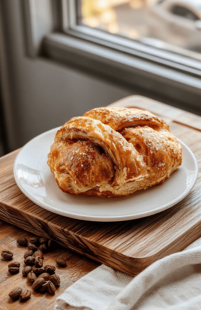 A rustic wooden board holding a golden-brown, flaky butter croissant sliced open to reveal airy layers, a polished chrome coffee pot with steaming dark espresso, a small ceramic bowl of butter, and a vintage-style Tiffany & Co. blue box beside it. Soft natural light, shallow depth of field, shallow focus on texture of croissant flakes and condensation on the coffee pot.