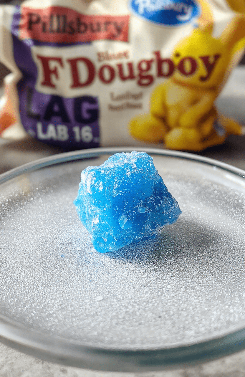 Vibrant cobalt-blue rock candy crystals on a glass surface, refracting natural light, nestled beside a small vial labeled 'C-10' and a scatter of silver-edged sugar crystals, with subtle blue-tinted smoke trails in the background.
