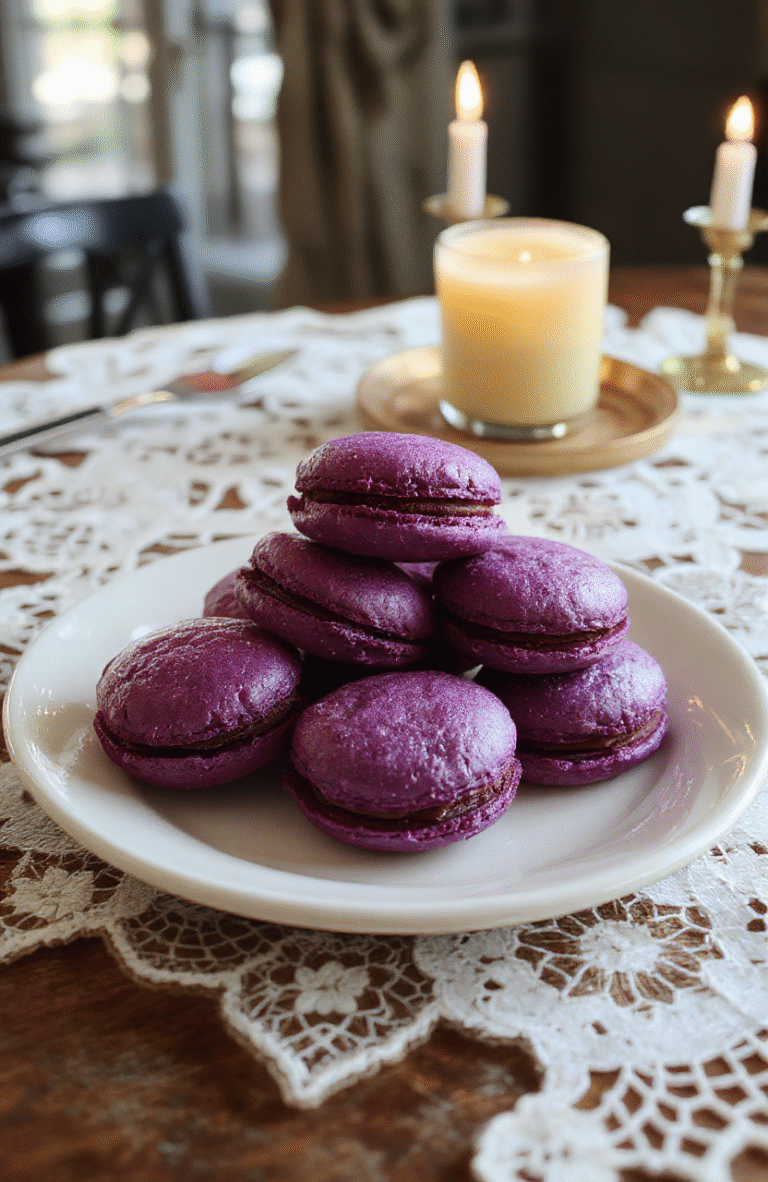 Elegant pink-violet French macarons with delicate shells, dusted with edible violet petals and gold leaf, arranged on a lace-trimmed vintage plate beside a small jar of violet-infused honey and a sprig of fresh lavender against a soft ivory background.