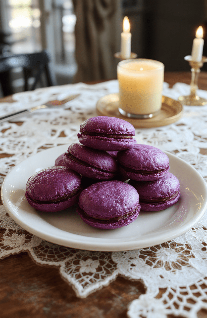 Elegant pink-violet French macarons with delicate shells, dusted with edible violet petals and gold leaf, arranged on a lace-trimmed vintage plate beside a small jar of violet-infused honey and a sprig of fresh lavender against a soft ivory background.