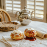 Two delicate lavender-scented vanilla tea cakes dusted with powdered sugar, placed on a lace-trimmed porcelain dessert plate beside a vintage teacup filled with amber Earl Grey tea. The cakes feature a light crumb texture and a glossy lemon glaze drizzle, with a sprig of dried rosemary and a single edible violet garnish nearby.