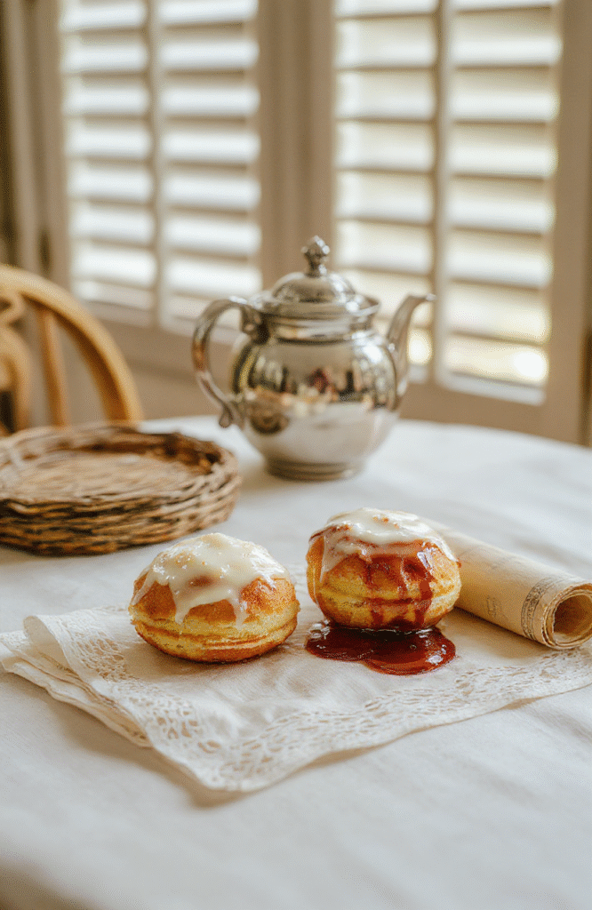 Two delicate lavender-scented vanilla tea cakes dusted with powdered sugar, placed on a lace-trimmed porcelain dessert plate beside a vintage teacup filled with amber Earl Grey tea. The cakes feature a light crumb texture and a glossy lemon glaze drizzle, with a sprig of dried rosemary and a single edible violet garnish nearby.