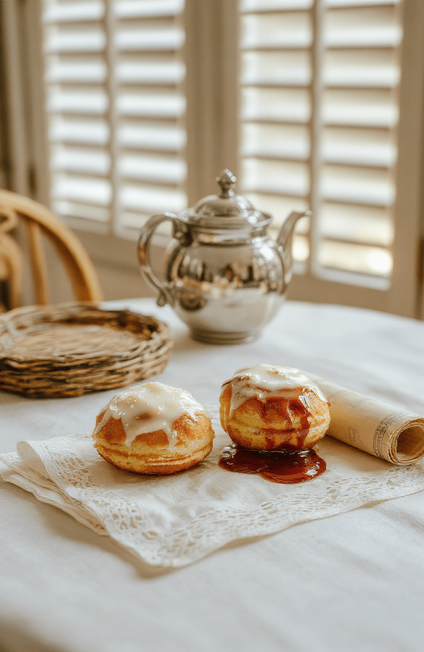 Two delicate lavender-scented vanilla tea cakes dusted with powdered sugar, placed on a lace-trimmed porcelain dessert plate beside a vintage teacup filled with amber Earl Grey tea. The cakes feature a light crumb texture and a glossy lemon glaze drizzle, with a sprig of dried rosemary and a single edible violet garnish nearby.