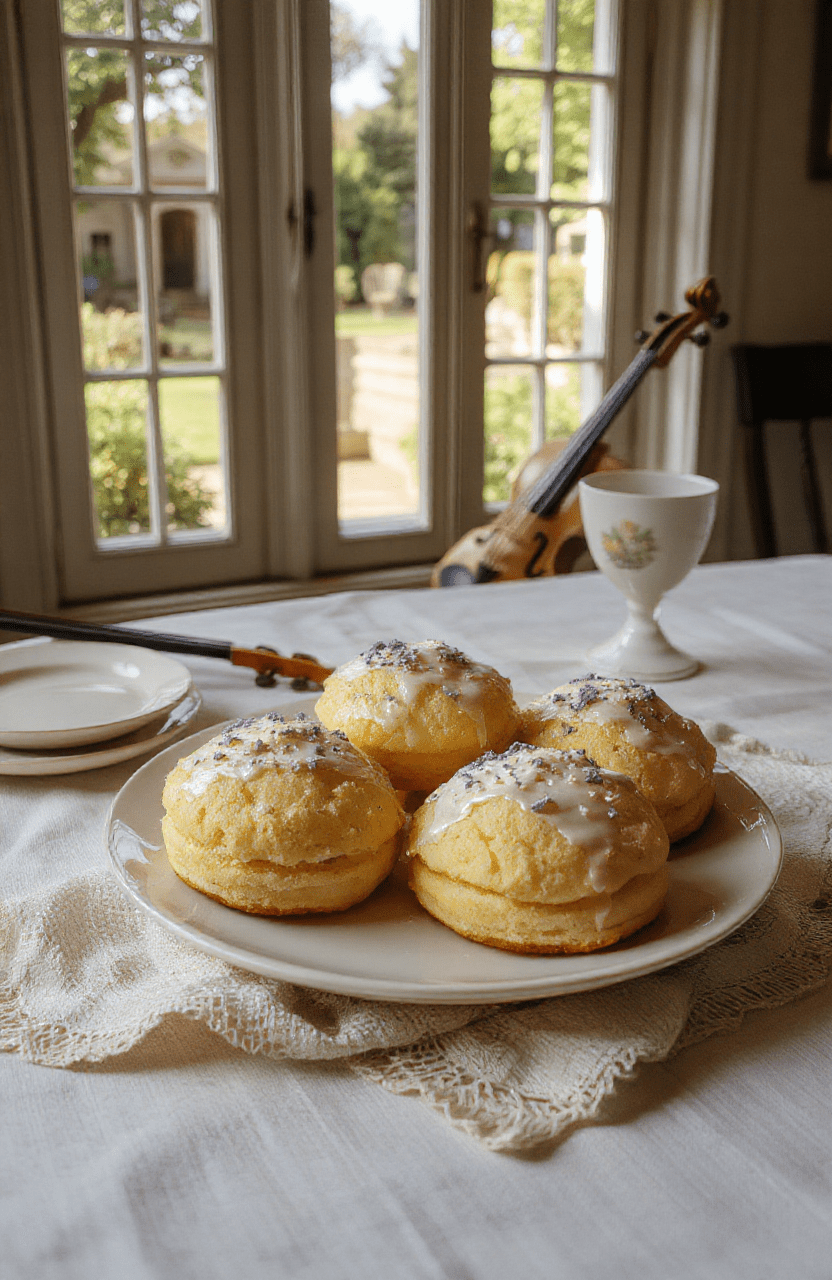 Soft, golden teacakes with delicate lavender and lemon zest swirls, dusted with powdered sugar, arranged on a vintage lace-trimmed porcelain plate beside a steaming cup of Earl Grey tea and fresh lemon slices on a sunlit Regency-era table.