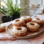 Three glossy silver-glazed donuts with delicate edging and subtle shimmer, dusted with edible pearl sugar, resting on a lace-trimmed vintage porcelain plate against a soft blush background; delicate flowers and gilded cutlery nearby, evoking Regency elegance.