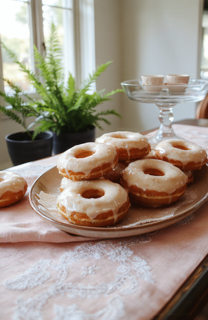 Three glossy silver-glazed donuts with delicate edging and subtle shimmer, dusted with edible pearl sugar, resting on a lace-trimmed vintage porcelain plate against a soft blush background; delicate flowers and gilded cutlery nearby, evoking Regency elegance.