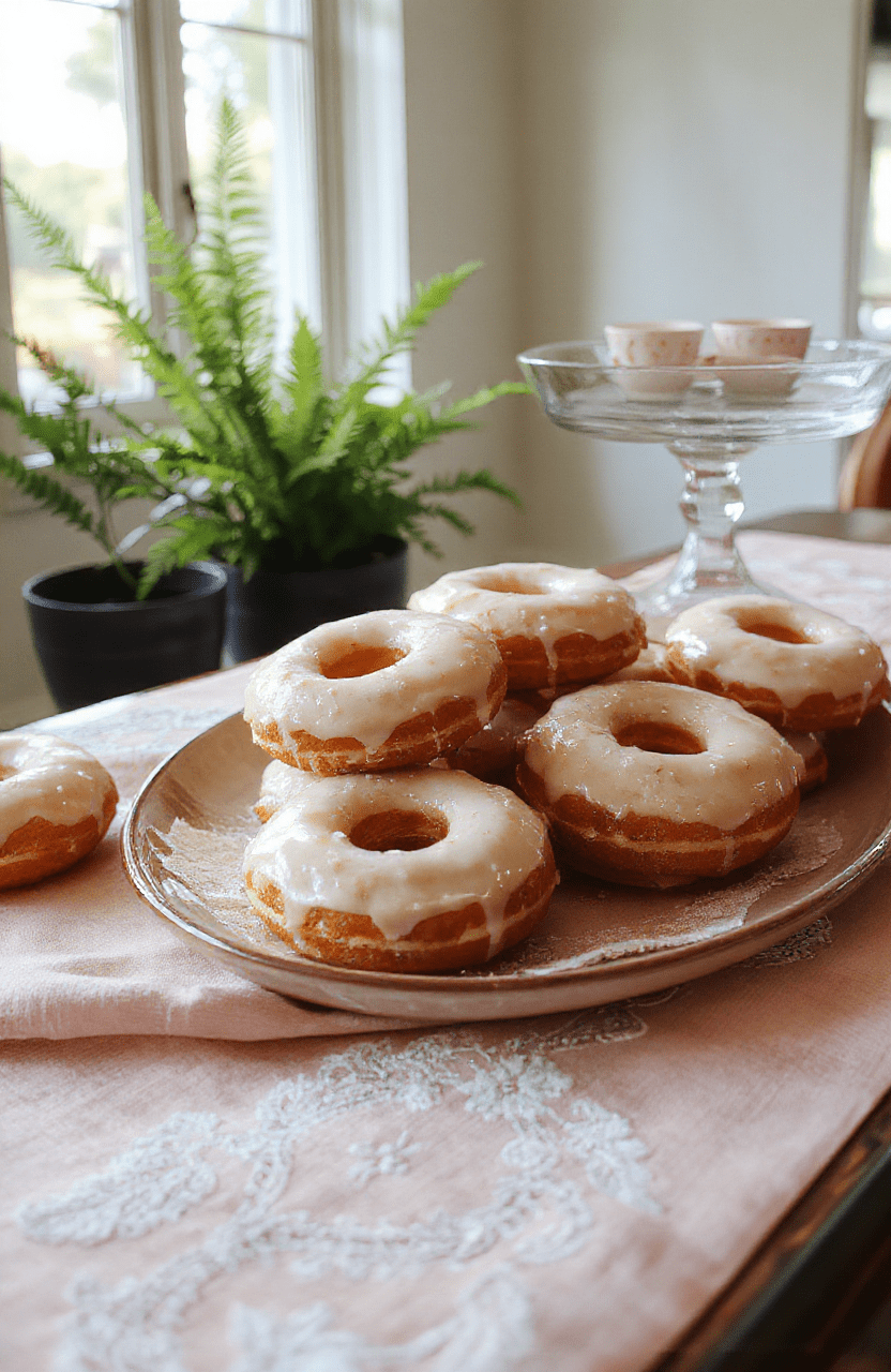 Three glossy silver-glazed donuts with delicate edging and subtle shimmer, dusted with edible pearl sugar, resting on a lace-trimmed vintage porcelain plate against a soft blush background; delicate flowers and gilded cutlery nearby, evoking Regency elegance.