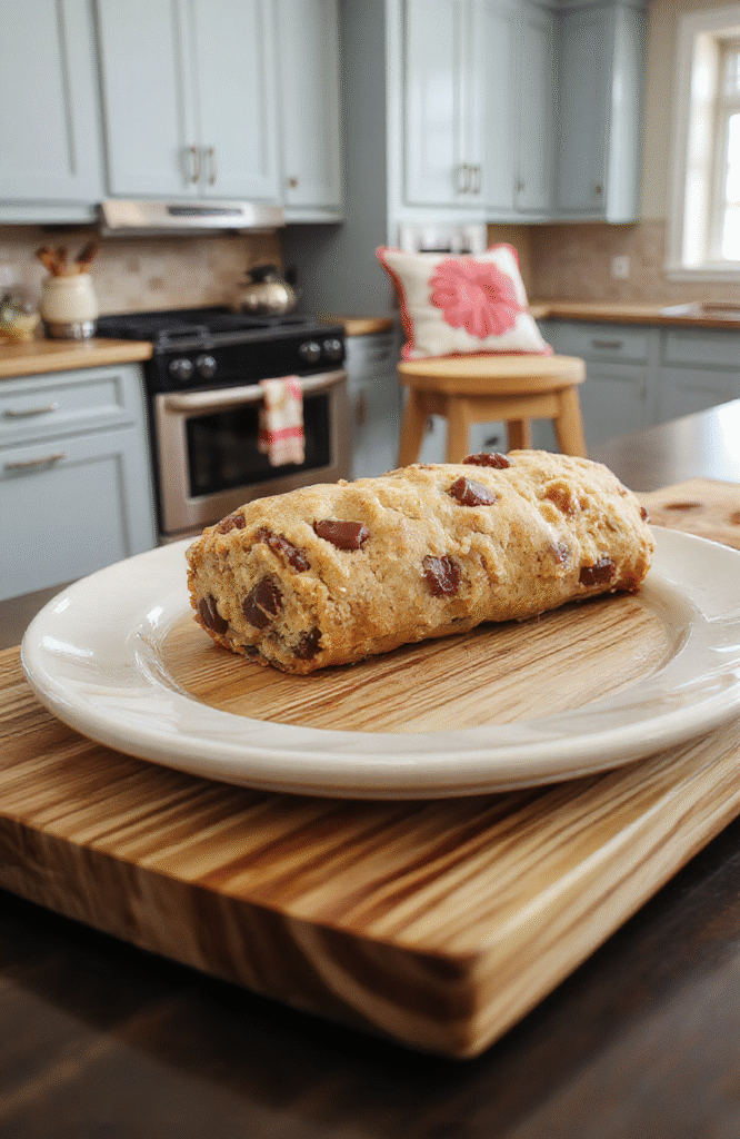A glossy, golden-brown cookie dough log wrapped in parchment paper and twine, resting on a rustic wooden cutting board with scattered chocolate chips, vanilla bean flecks, and a dusting of powdered sugar. Background: soft-focus 90s California-style kitchen with sunlit countertops and pastel accents.