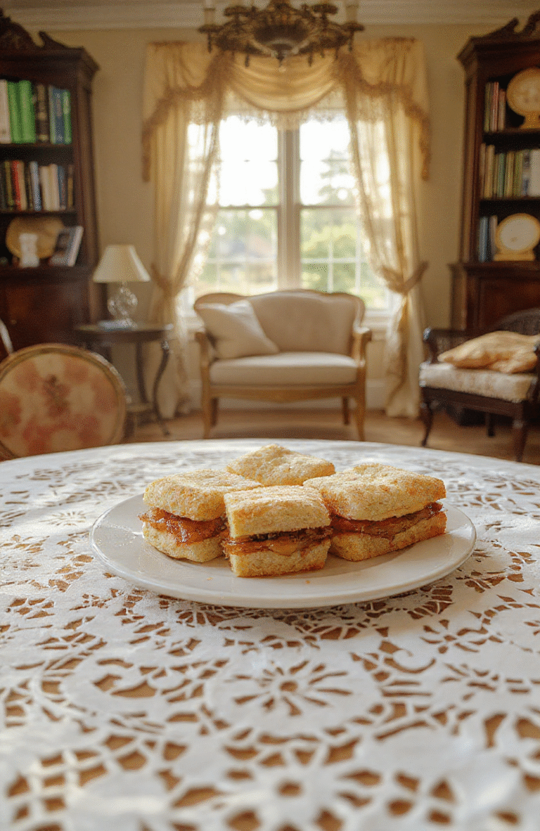 Elegant small sandwiches on a white porcelain tray, featuring thin-crust cucumber and smoked salmon variants, garnished with fresh dill and lemon zest, served on a lace-trimmed napkin beside a delicate teacup and saucer in soft daylight.