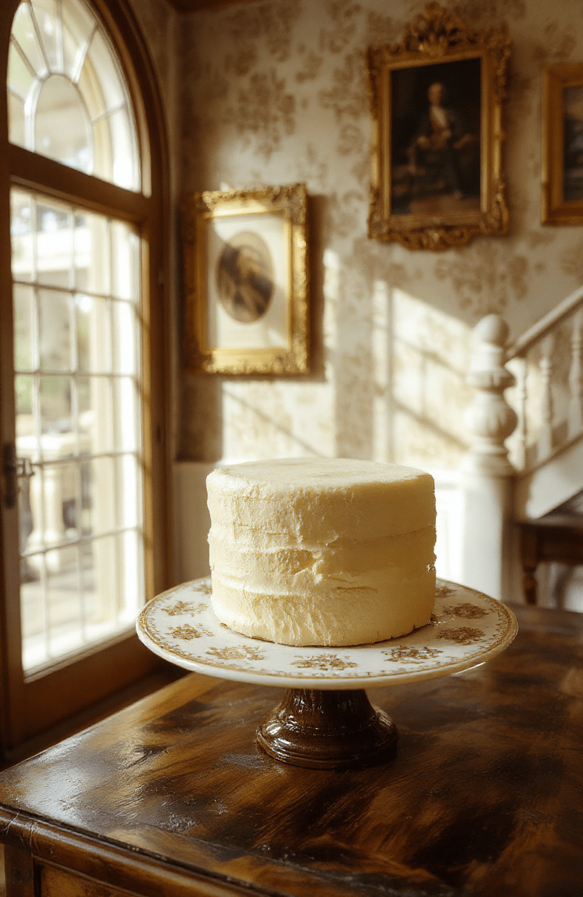 Two-tiered Victorian sponge cake with pale golden sponge layers, light vanilla buttercream filling, piped rose swirls on top, dusted with powdered sugar, garnished with edible rose petals and candied violets, served on a classic white porcelain cake stand with gilded edges against a softly blurred grand dining room backdrop with warm amber sunlight streaming through tall windows.