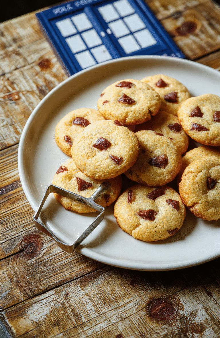 Two classic-style jammy dodgers stacked on a vintage red-and-white checkered paper napkin, rich raspberry jam oozing slightly from the biscuit edges, dusted with powdered sugar, set against a backdrop of TARDIS-blue porcelain saucer with subtle sonic screwdriver-engraved trim, close-up food photography with natural light and soft shadows
