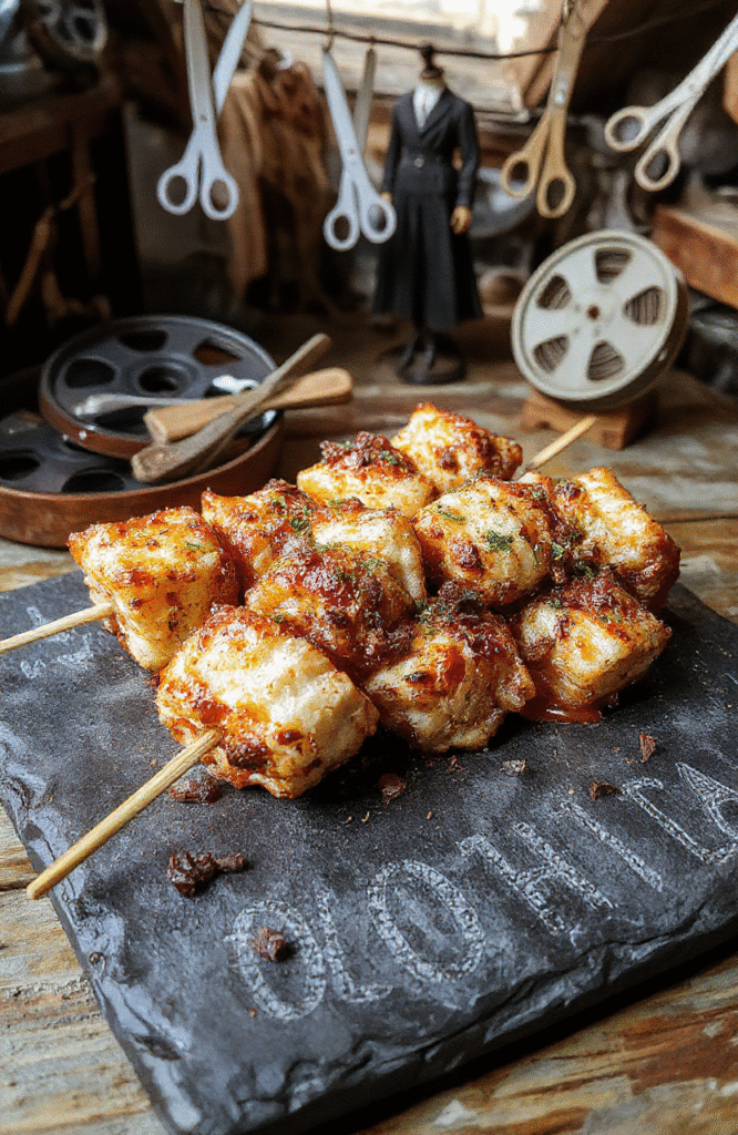 Colorful skewered kebabs with vibrant red tomato, green bell pepper, and golden pineapple chunks threaded onto ornate, silver-edged skewers with jagged, scissor-like ends, served on a slate board with black pepper and fresh rosemary sprigs against a soft, moody background with subtle gothic arch motifs, dramatic lighting casting long shadows.