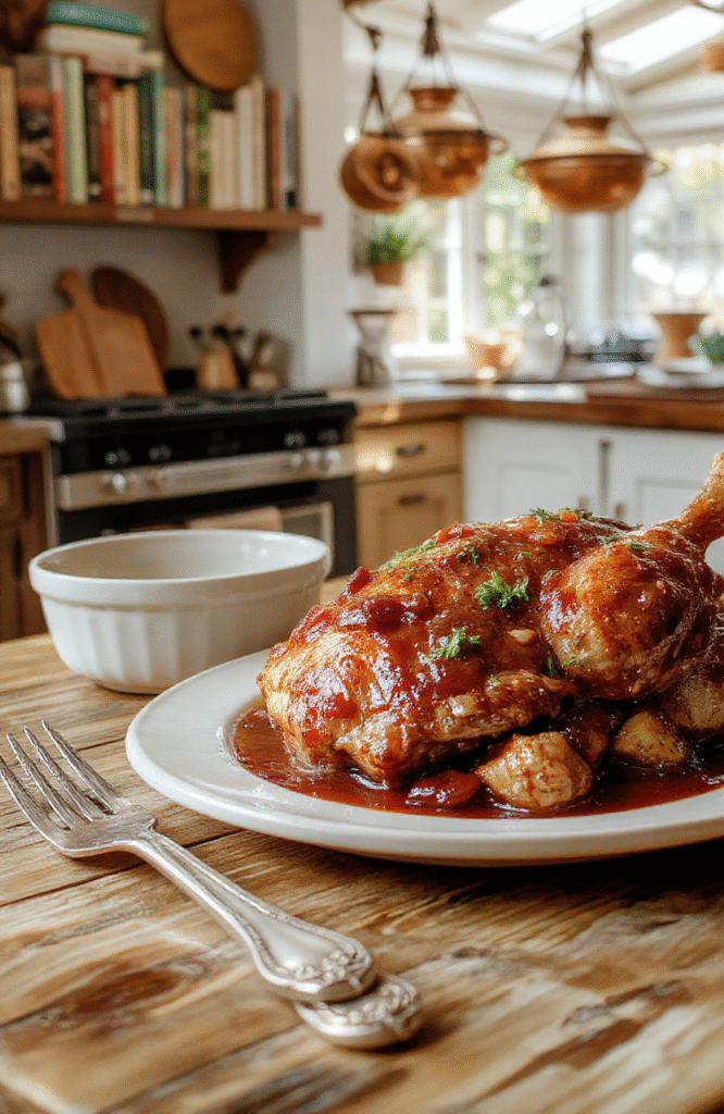 A rustic wooden board holds a generous portion of Gabriel's Coq au Vin: tender chicken thighs braised in red Burgundy wine with pearl onions, baby carrots, and lardons, garnished with fresh parsley and thyme. Deep burgundy sauce glistens under natural light, served in a classic enamelware bowl on a worn wooden table.