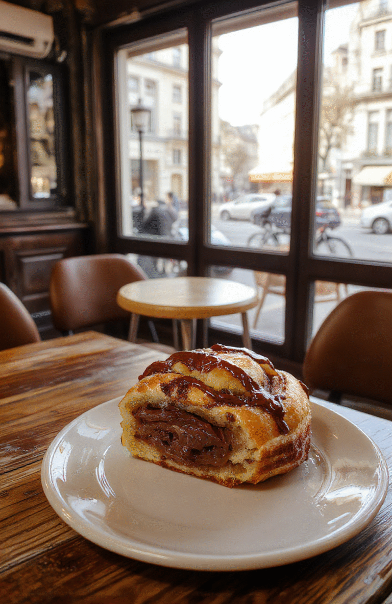 Two flaky, golden-brown Pain au Chocolat pastries resting on a rustic wooden cutting board beside a steaming cup of café au lait in a white cafeware mug, with soft natural daylight filtering through Parisian café windows in the background