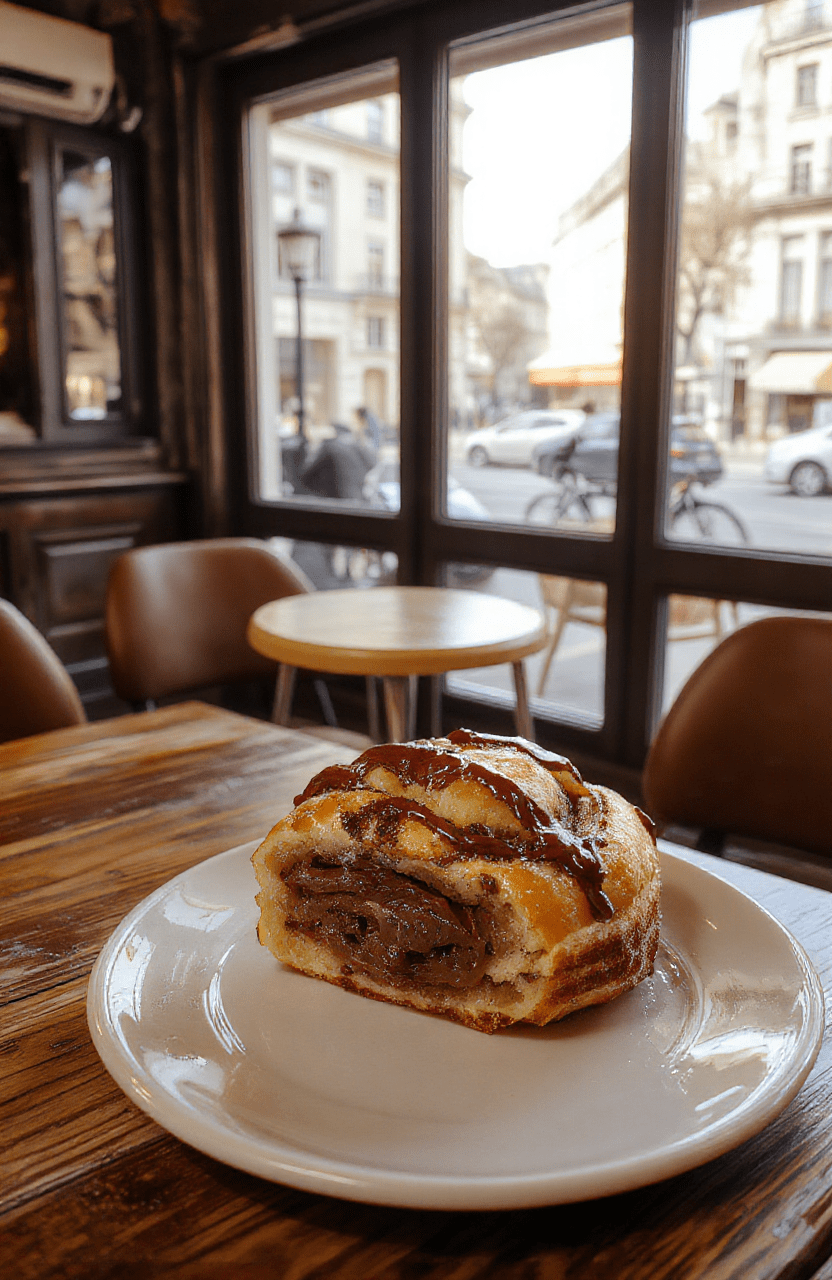 Two flaky, golden-brown Pain au Chocolat pastries resting on a rustic wooden cutting board beside a steaming cup of café au lait in a white cafeware mug, with soft natural daylight filtering through Parisian café windows in the background