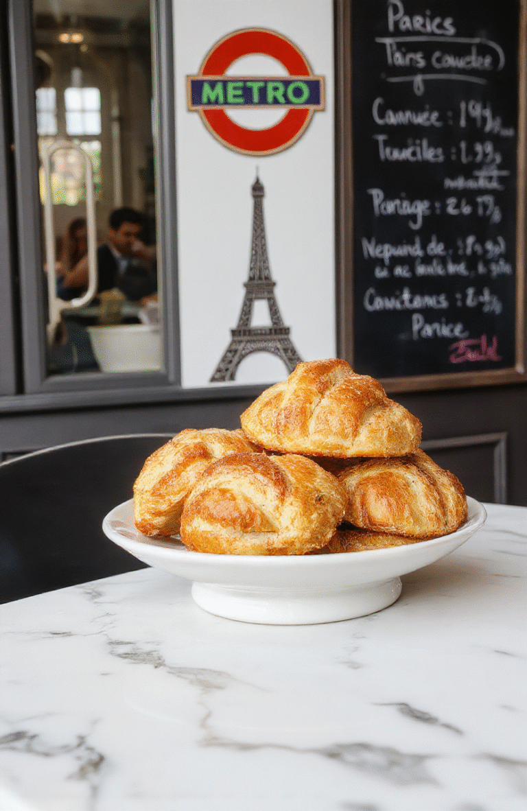 Two golden-brown, flaky croissants with delicate layers and a glossy egg wash sheen, resting on a crisp white plate beside a tiny dish of butter and a dusting of powdered sugar, with Parisian cityscape background visible through a cafe window.
