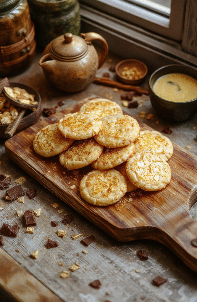 Three shimmering gold coin cookies resting on a rustic wooden board, dusted with edible gold powder, each cookie embossed with Niffler motifs, dark chocolate texture with subtle cocoa craters, soft crumbs visible, natural sunlight casting warm glow