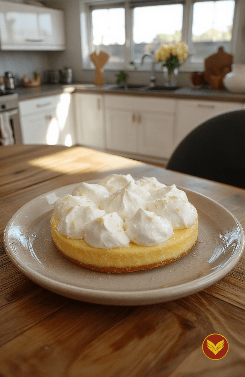A stunningly clear lemon meringue tart with shimmering transparent custard filling and fluffy white meringue peaks, garnished with candied lemon zest and micro basil, served on a rustic wooden board beside a vintage superhero comic.