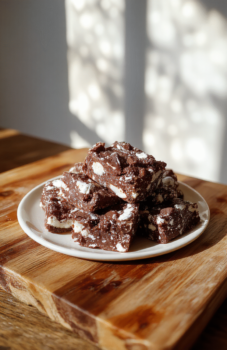Square-cut rocky road fudge blocks on a rustic wooden cutting board, stacked two high, with visible chunks of chocolate, roasted peanuts, marshmallows, and a dusting of cocoa powder. Dark glossy surface reflects warm lighting, edges slightly chewy and fudgy, garnished with edible gold flecks and mini Marvel logos made of white chocolate.