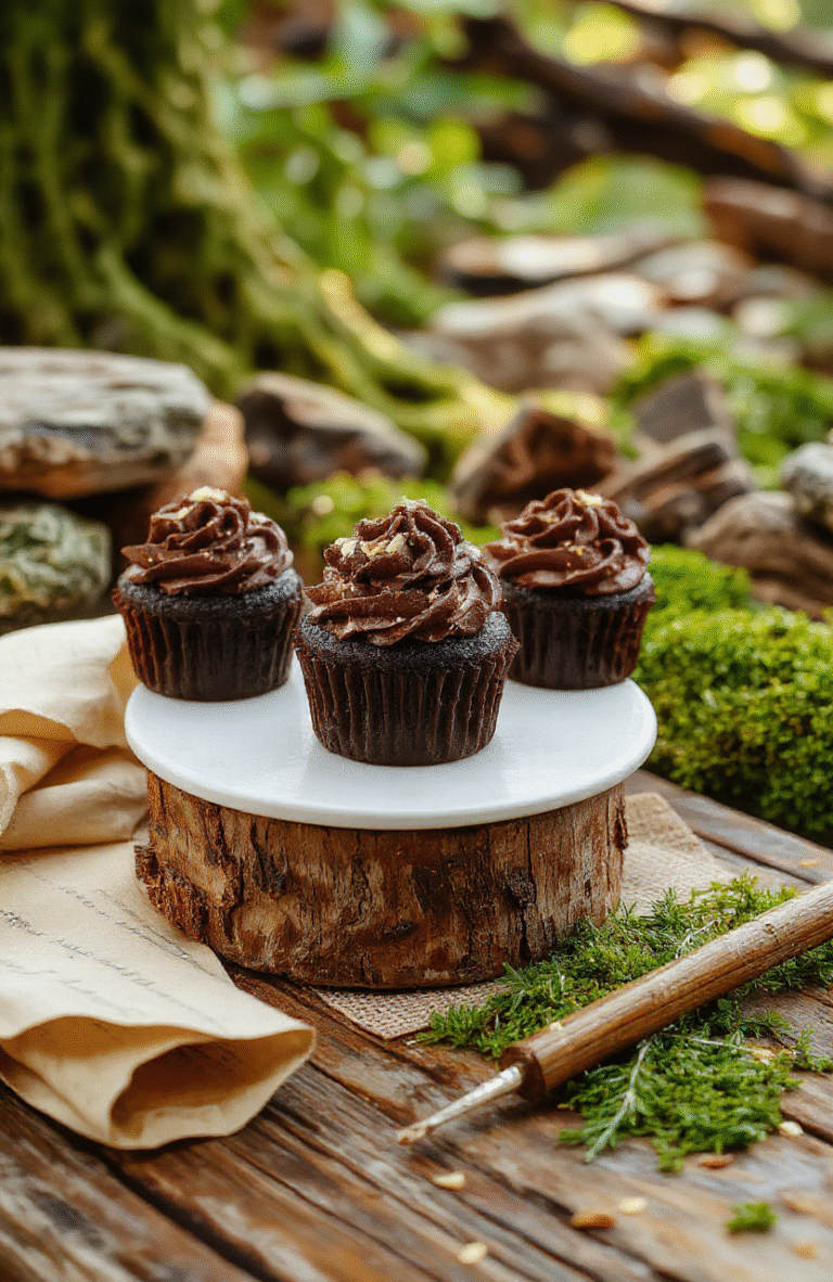 Three dark chocolate cupcakes with rich butterbeer-infused buttercream, drizzled with caramel and chocolate curls, dusted with edible gold dust, sitting on a wooden tray with parchment and a vintage quill, soft bokeh background resembling a misty forest clearing