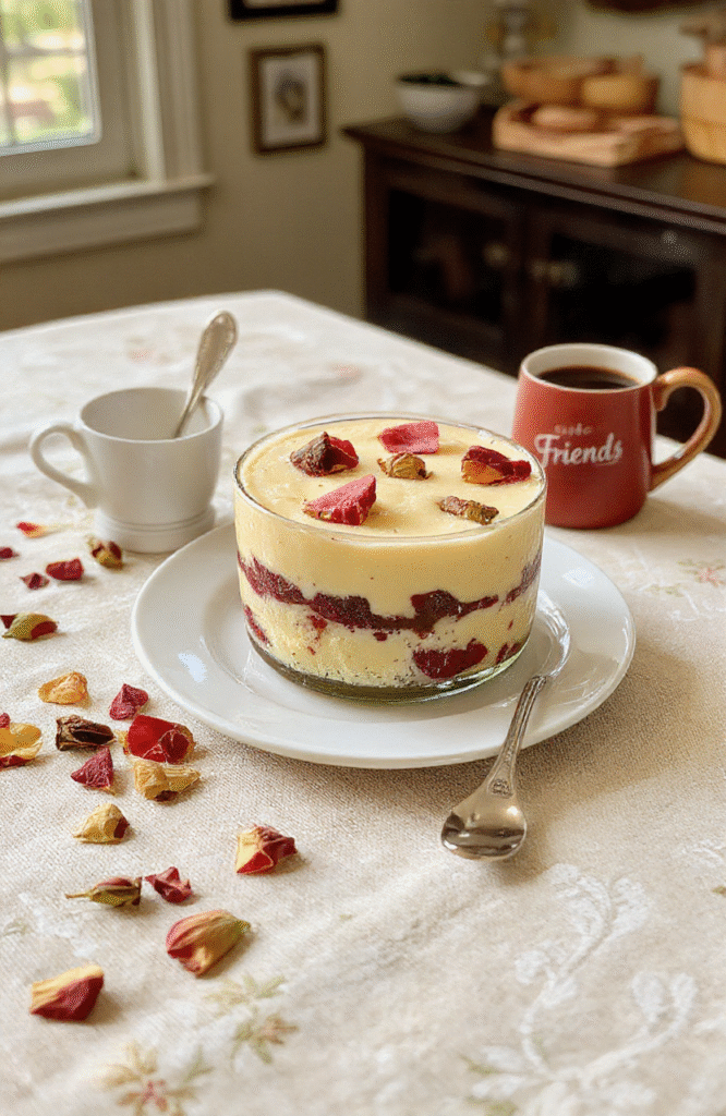 A polished, multi-layered English trifle served in a clear glass bowl, featuring generous layers of sponge cake soaked in sherry, thick custard, fresh whipped cream, jellied fruits, and seasonal berries, garnished with powdered sugar and mint leaves, set on a rustic wooden table with soft daylight and shallow depth of field.