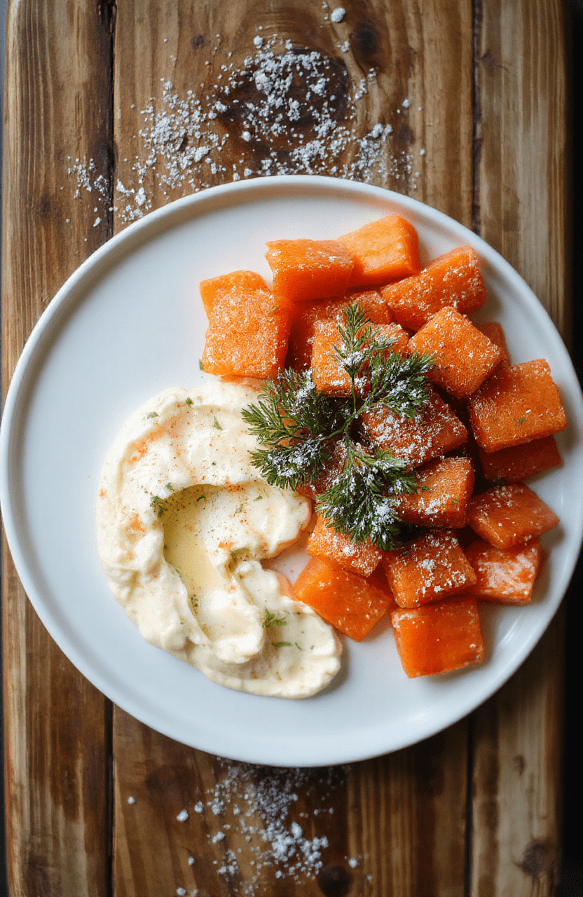 A vibrant, frost-kissed platter featuring bright orange frozen carrots and creamy white hummus arranged on a rustic wooden board with glistening sugar crystals and edible snowflake sprinkles, served with a side of red chili flakes for contrast and a sprig of fresh parsley for green accent.