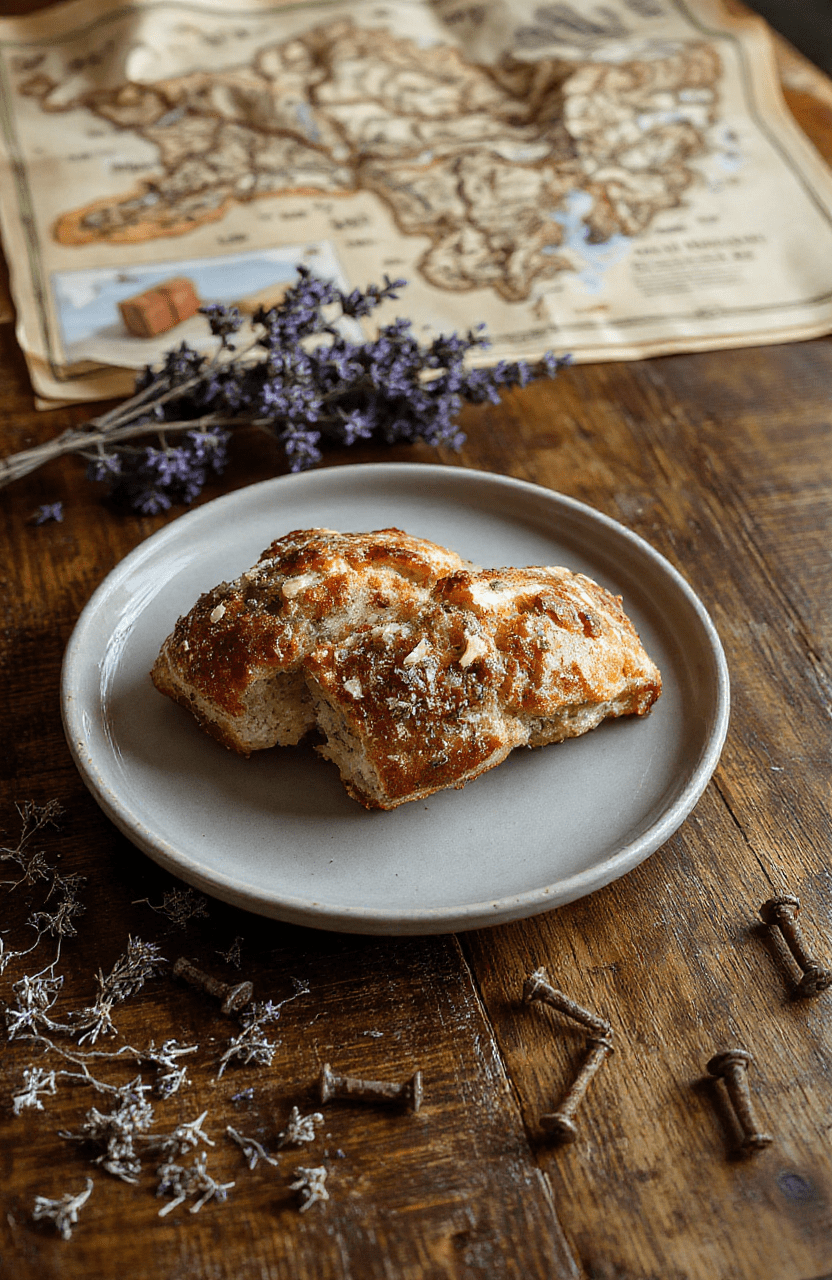Two rustic sourdough bread loaves shaped like howling direwolves, golden-brown crust with subtle paw prints pressed into the sides, placed on a wooden board with a dusting of flour and fresh rosemary sprigs