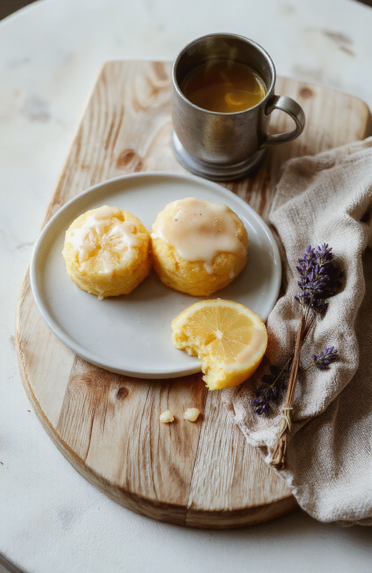 Two golden-brown lemon cakes with delicate lemon glaze drizzle, dusted with powdered sugar, placed on a rustic wooden cutting board beside a teacup and a sprig of lemon verbena, soft natural light, cozy and elegant presentation, inspired by Sansa Stark’s genteel style