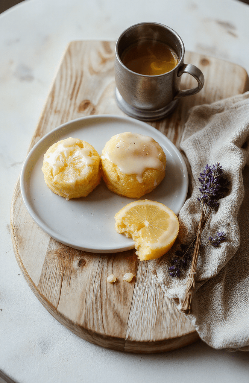 Two golden-brown lemon cakes with delicate lemon glaze drizzle, dusted with powdered sugar, placed on a rustic wooden cutting board beside a teacup and a sprig of lemon verbena, soft natural light, cozy and elegant presentation, inspired by Sansa Stark’s genteel style