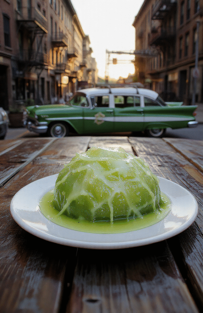 Bright neon-green and yellow layered jelly dessert in a clear glass dish, with a ghost-shaped mold on top and a dusting of edible glitter, presented on a wooden table with vintage 1980s props like a PSL-342 emitter prop and a proton pack replica in soft focus behind.