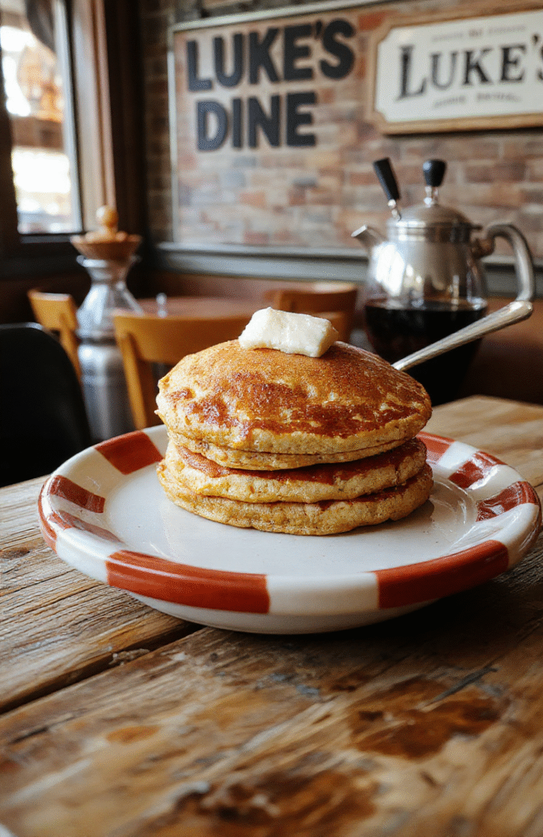 Fluffy golden-brown pumpkin pancakes stacked high on a rustic red-and-white checkered plate, drizzled with amber maple syrup and scattered with toasted pecans, served beside a steaming mug of coffee and a side of fresh blueberries on a wooden board, against the backdrop of Luke's Diner counter with vintage diner signage visible in soft focus.