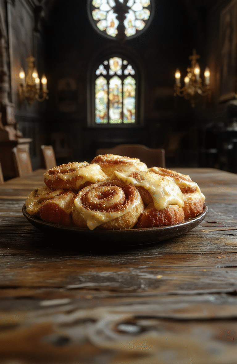 Mini golden-brown crescent-shaped rolls with edible gold dust shimmer, drizzled with smooth butterscotch cream cheese frosting and topped with miniature golden spheres, arranged on a rustic wooden tray beside a golden snitch toy and a mug of hot cocoa, warm natural light illuminates the textures